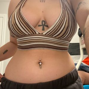 brown & beige halter tie backless top